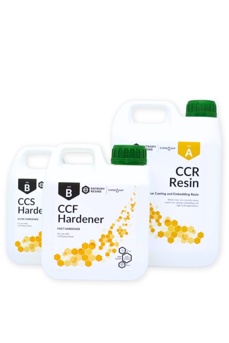 Tre hvite beholdere med grønne og hvite hetter viser Entropy Resins sine epoksyprodukter, inkludert deres anerkjente Glassklar Epoxy - CCR Epoxy Entropy SuperSap. Foran er "CCF Hardener (Fast Hardener)," litt foran "CCS Hardener (Slow Hardener)" til venstre og "CCR Resin" til høyre, alle utsmykket med sekskantet gul grafikk.