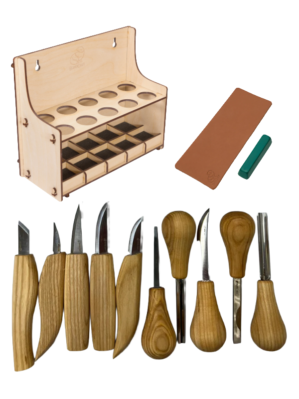 Wood carving iron set S52 with 10 irons and tool holder